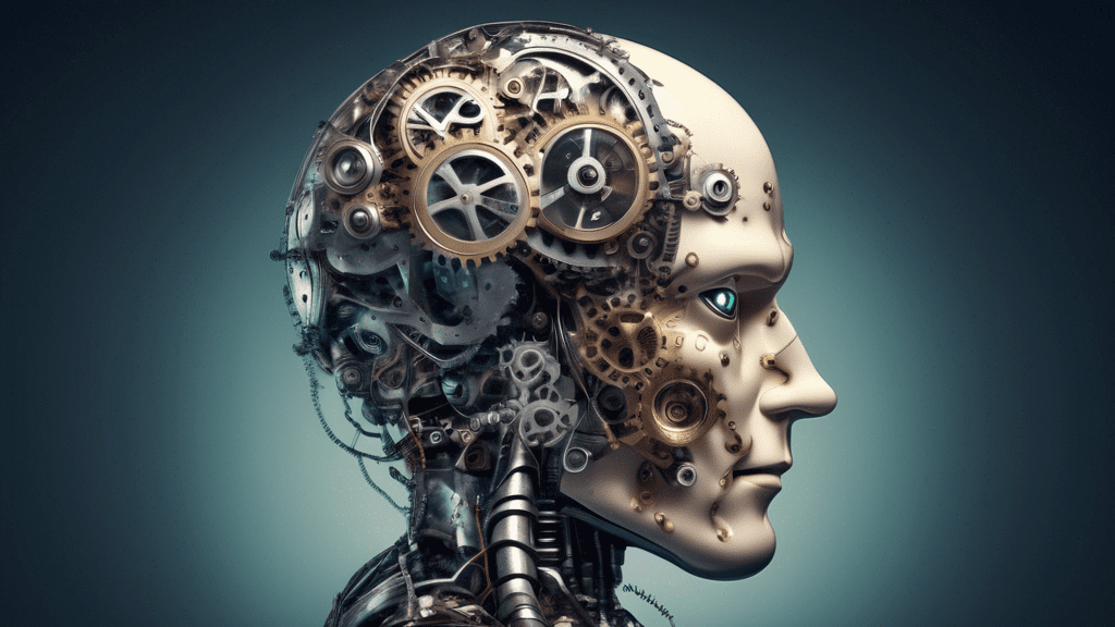 A robot holding a magnifying glass up to a human brain filled with gears and wires, with a question mark hovering above.