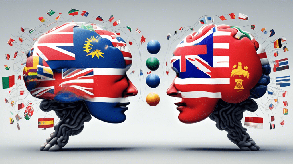 A brain translating languages, with speech bubbles containing different flags and languages coming out of it.