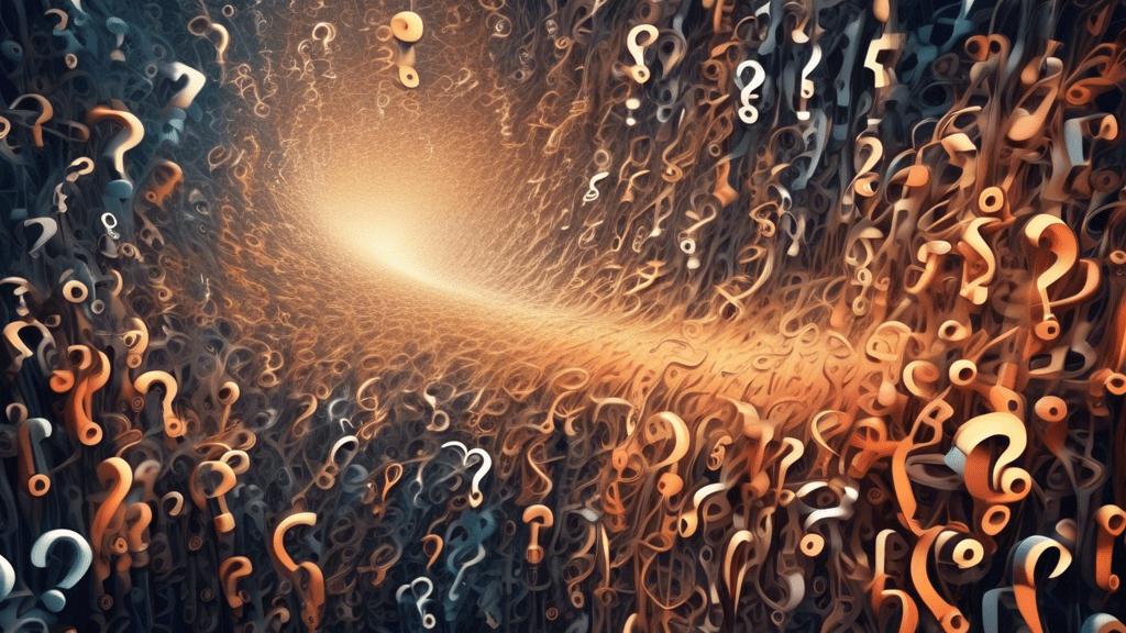 A swirling vortex of question marks and exclamation points, half-formed words and fading sentences, hovering over a vast neural network.
