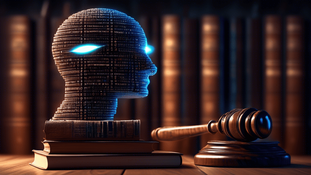 A gavel made of binary code resting on a stack of legal books with a glowing AI eye peering over the top.