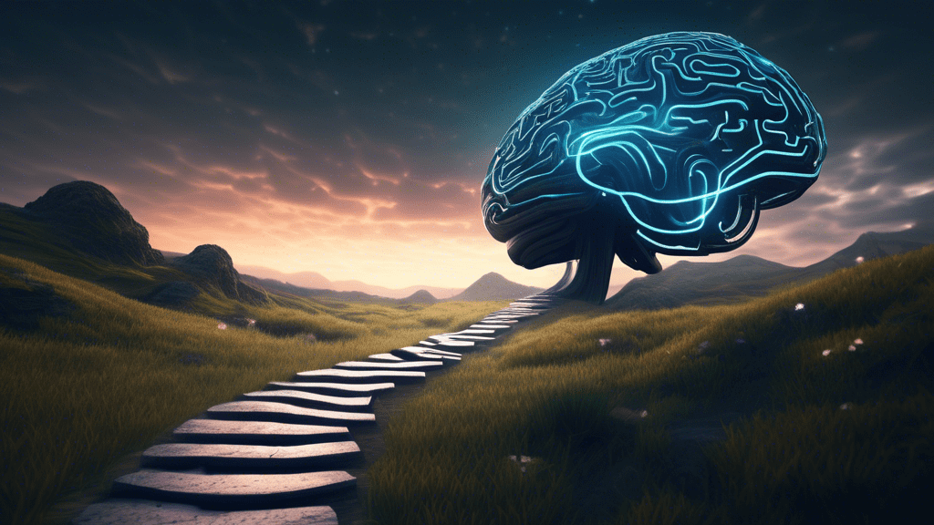 A winding path leading towards a glowing brain in the distance, surrounded by floating text prompts and code snippets.