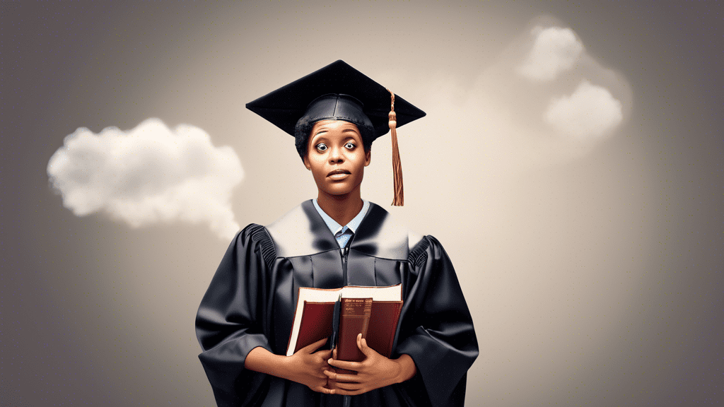 A large language model wearing a graduation cap and gown, holding a gavel and legal books, with a thought bubble above its head containing legal jargon.