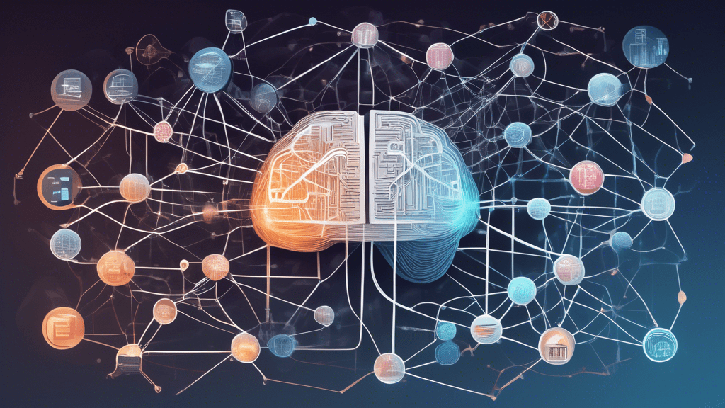Create an image illustrating the concept of Large Language Models (LLMs) connected to the internet. The scene should depict a digital brain (representing the LLM) intricately woven with connective lin