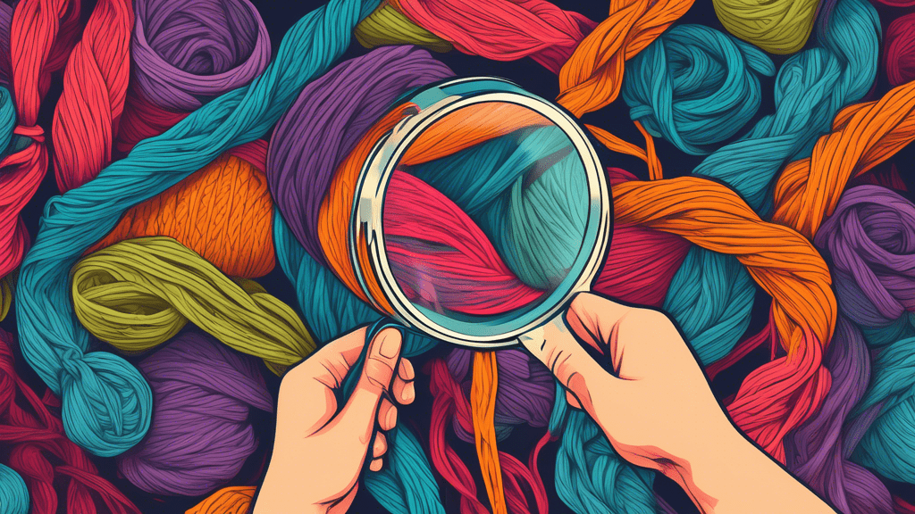 A hand holding a magnifying glass over a tangled ball of yarn with labels sticking out from different threads.