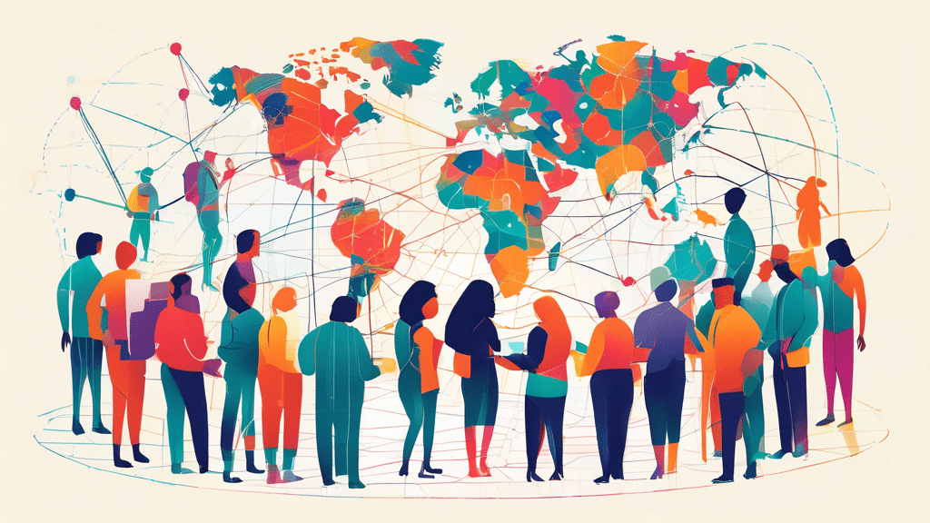 A group of diverse people collaborating on a project together from different locations around the world, connected by a network of lines and dots, with each person's location pinpointed on a world map