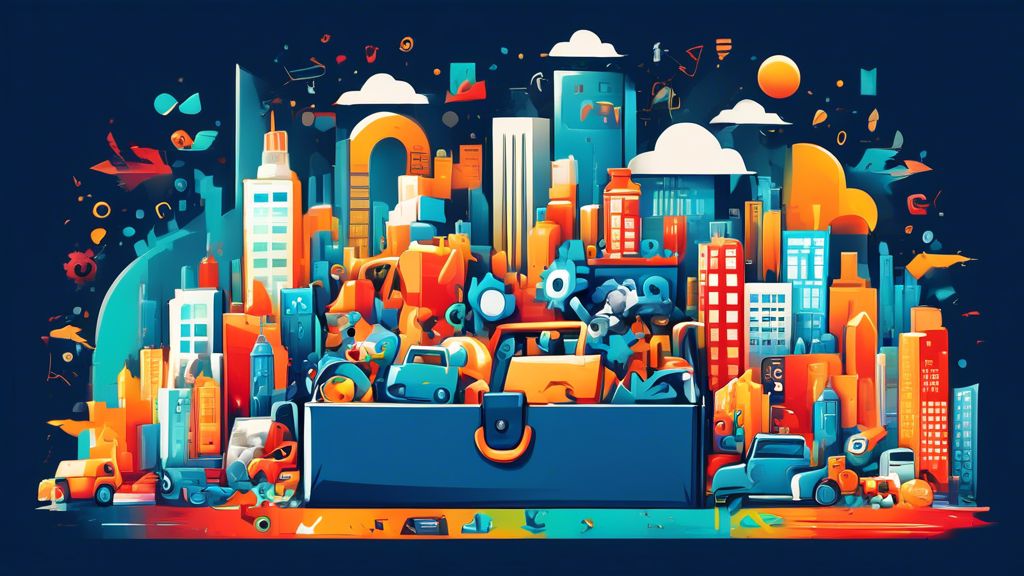 A toolbox overflowing with Google icons and symbols bursting out against a backdrop of a bustling city skyline.