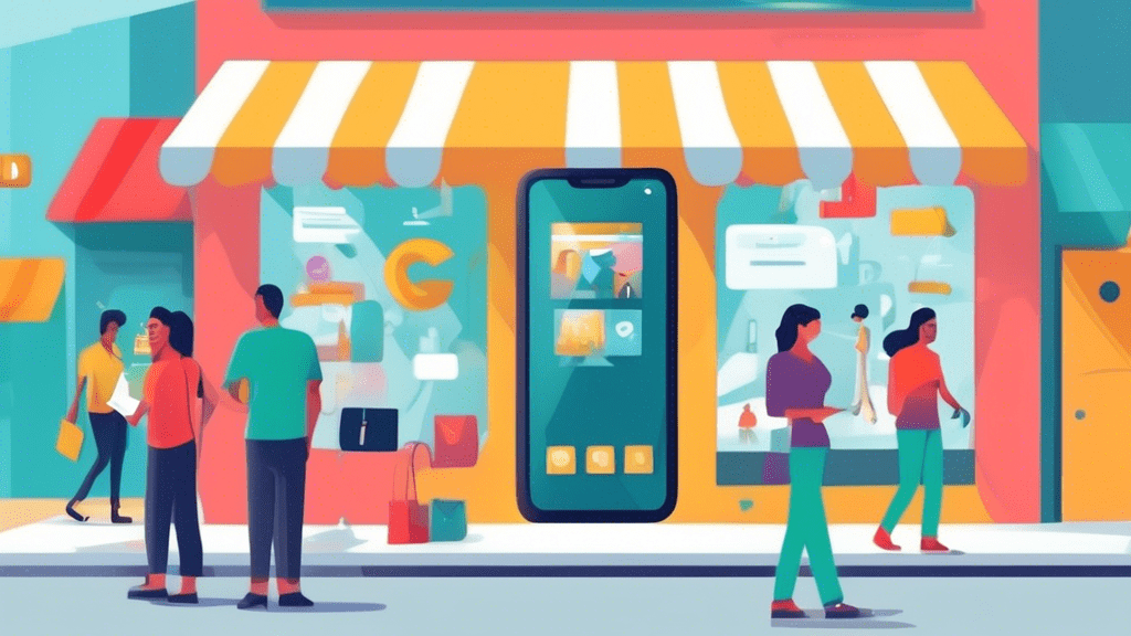 A business owner using a giant smartphone to edit their Google Business Profile, with happy customers walking into their shop in the background.