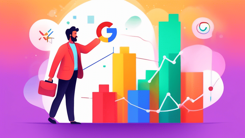 A business owner high-fiving a Google Maps pin with a rising bar graph and glowing reviews in the background.