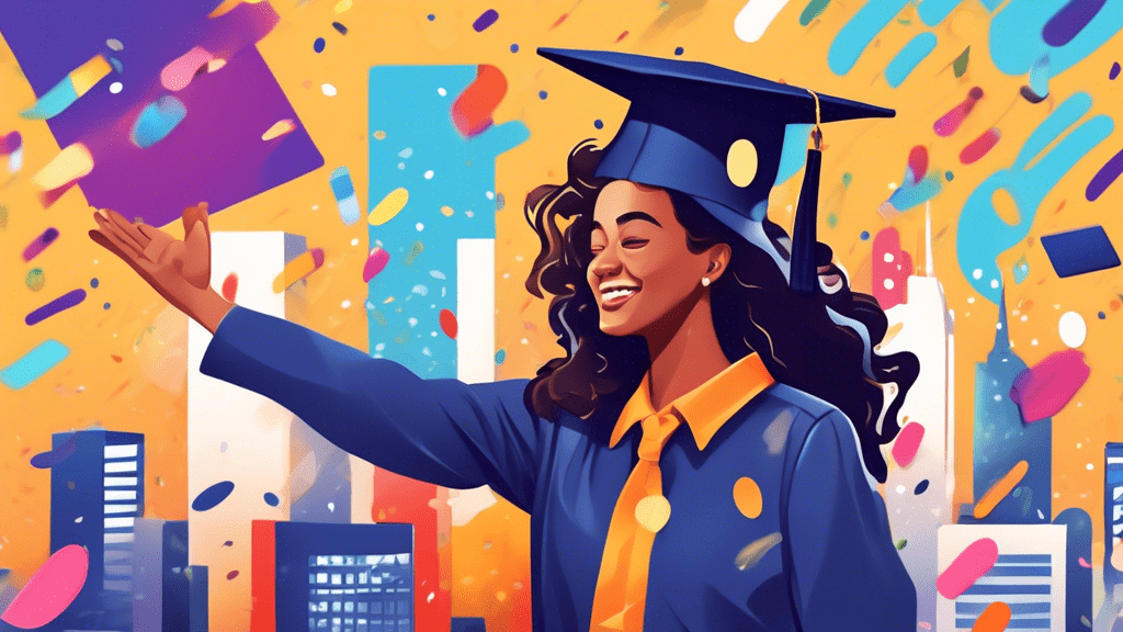 A business owner high-fiving a Google My Business logo wearing a graduation cap, with a cityscape in the background and celebratory confetti falling around them.