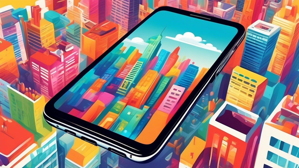 A smartphone displaying a vibrant, eye-catching Google Business Profile with custom graphics, floating above a cityscape.