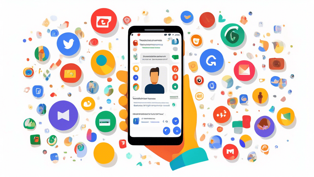 A smartphone displaying a Google Business Profile with a video playing on the screen, surrounded by colorful icons representing different features like reviews, location, and contact information.