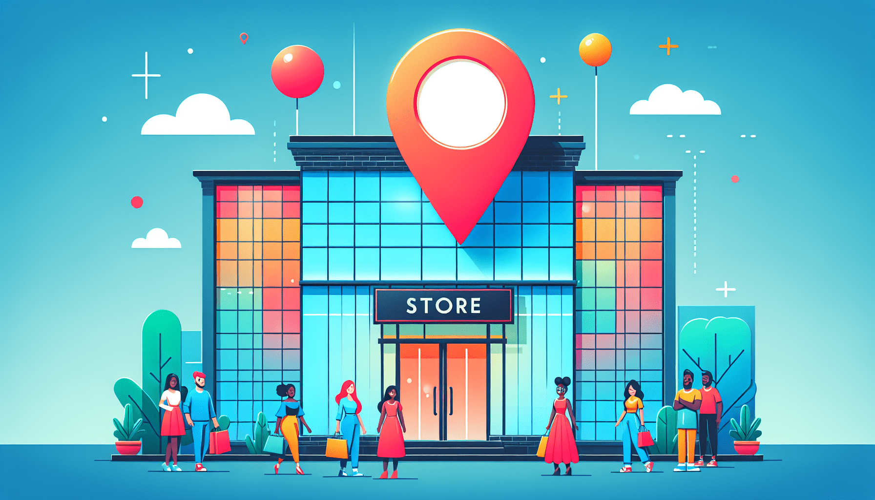 A storefront with a glowing Google Maps pin icon hovering above it, surrounded by happy customers