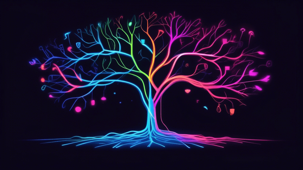 A tree with multiple branching paths, each leading to a different social media icon, all glowing with neon light against a dark background.