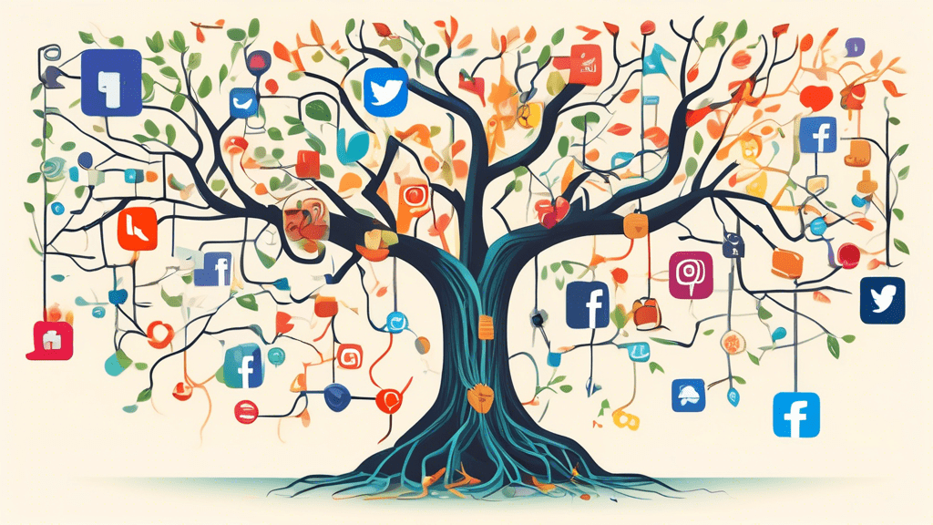 A tangled tree root system with a Linktree sign pointing down one branch, while many other healthier branches point towards diverse icons representing social media platforms and websites.