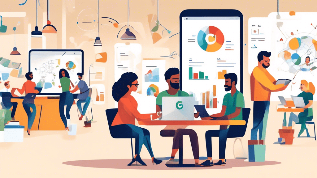 Create an image depicting local business owners using their Google Business Profiles to implement SEO strategies. Showcase a diverse group of entrepreneurs sitting in a modern, collaborative workspace