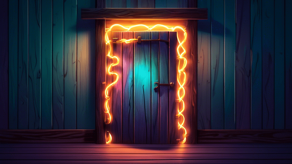 A glowing chain link floats in front of a wooden door emanating magical light.