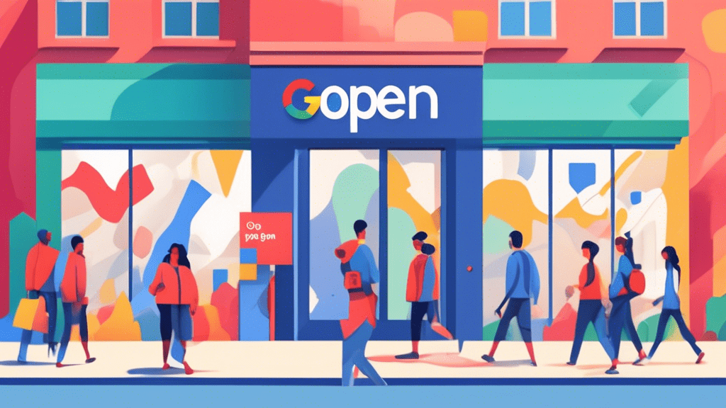 A storefront with a giant Google Maps pin on top and people walking in and out, with a large banner saying Open to the Public in Google's signature colors.