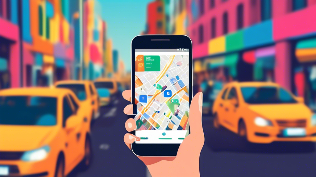 A hand holding a smartphone with a Google My Business dashboard open, superimposed on a busy city street.