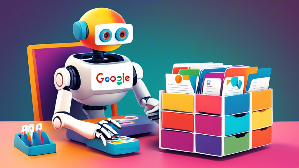 A friendly robot organizing a rolodex filled with colorful contact cards, with the Google My Business logo in the background.