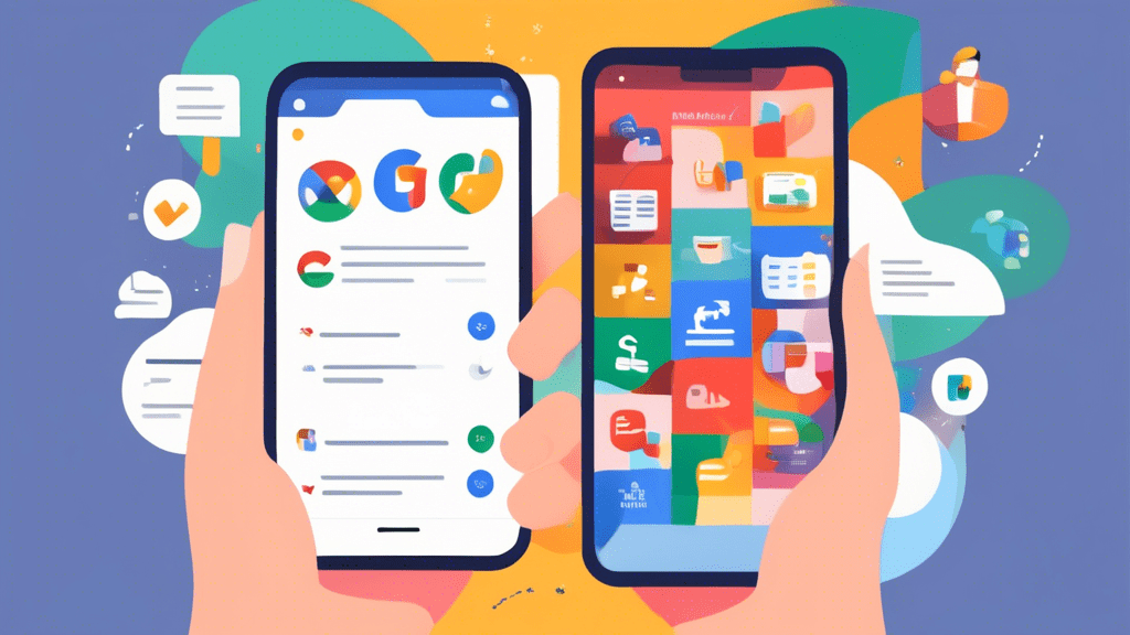 A hand holding a smartphone with the Google Business Profile interface open, displaying a checklist of departments with icons like Info, Photos, Reviews, and Messaging floating around it.