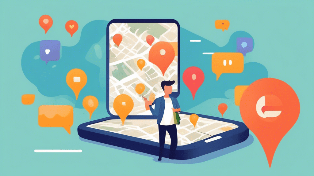A smartphone with a Google Maps notification bubble showing a business owner managing reviews and messages.