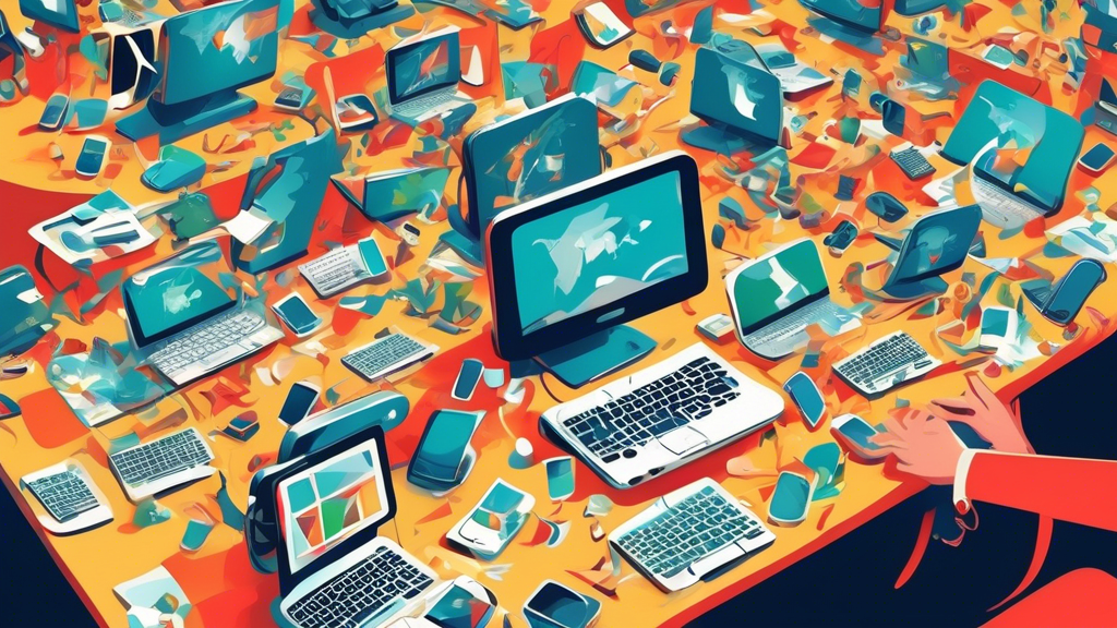 A chaotic desk overflowing with phones, laptops displaying Google Maps, and hands desperately trying to manage multiple Google Business profiles at once.