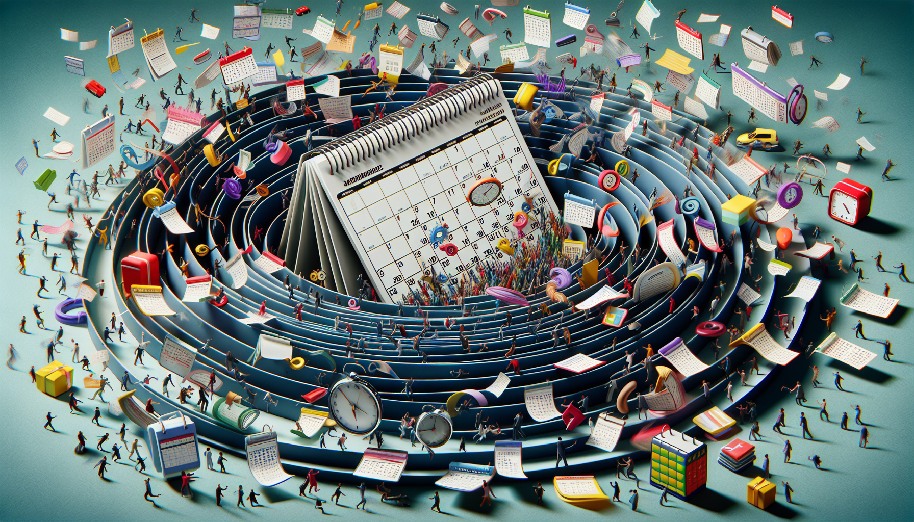 A chaotic whirlwind of overlapping appointments, deadlines, and meeting reminders swirling around a giant calendar with miniature people trying to organize it.