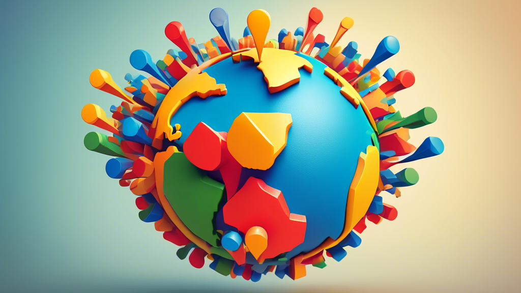 A map pin with the Google Maps logo on it multiplying and spreading out to multiple locations across a stylized globe.