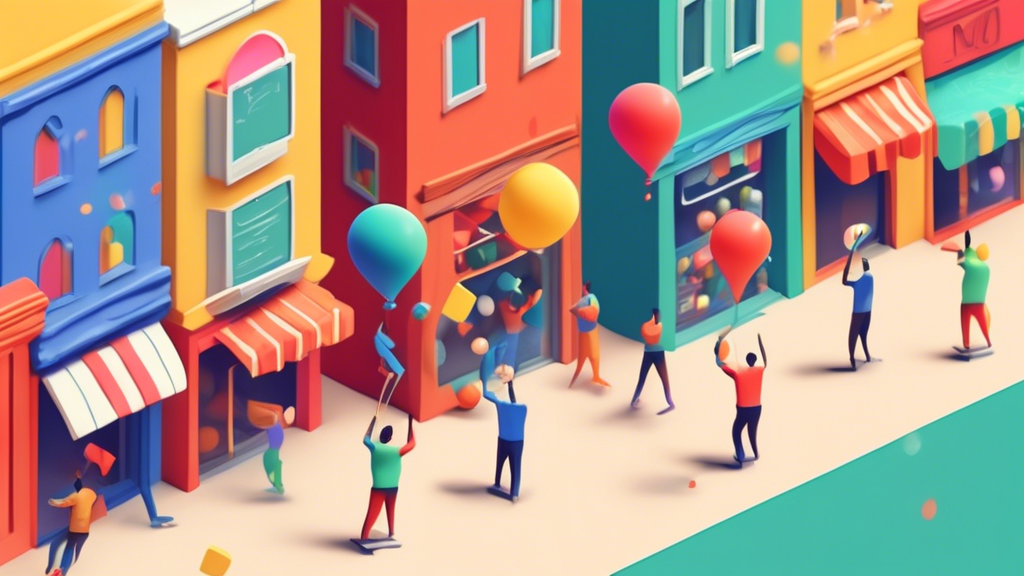 A hand juggling miniature storefronts with the Google Maps pin logo on them.