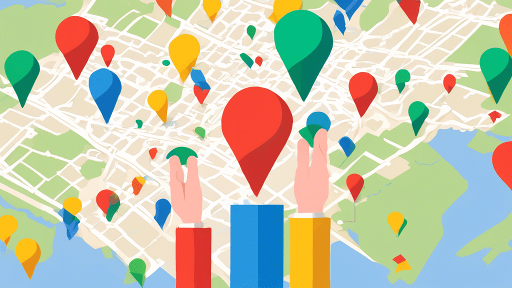 A hand juggling multiple map pins with the Google Maps logo in the background.