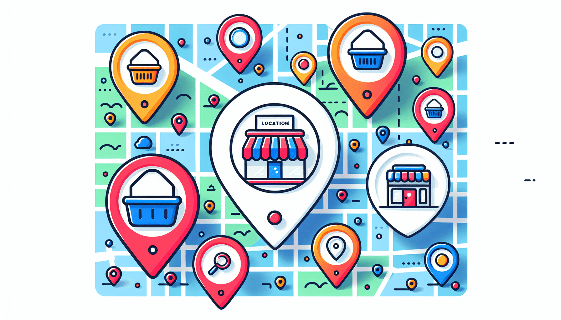 A map with multiple location pins, each pin showing a storefront with the Google My Business logo.