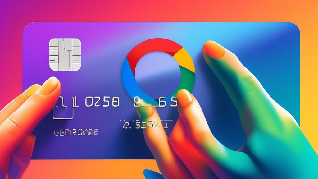A hand reaching out of a chrome browser window holding a credit card with the Google Chrome logo reflecting in it.