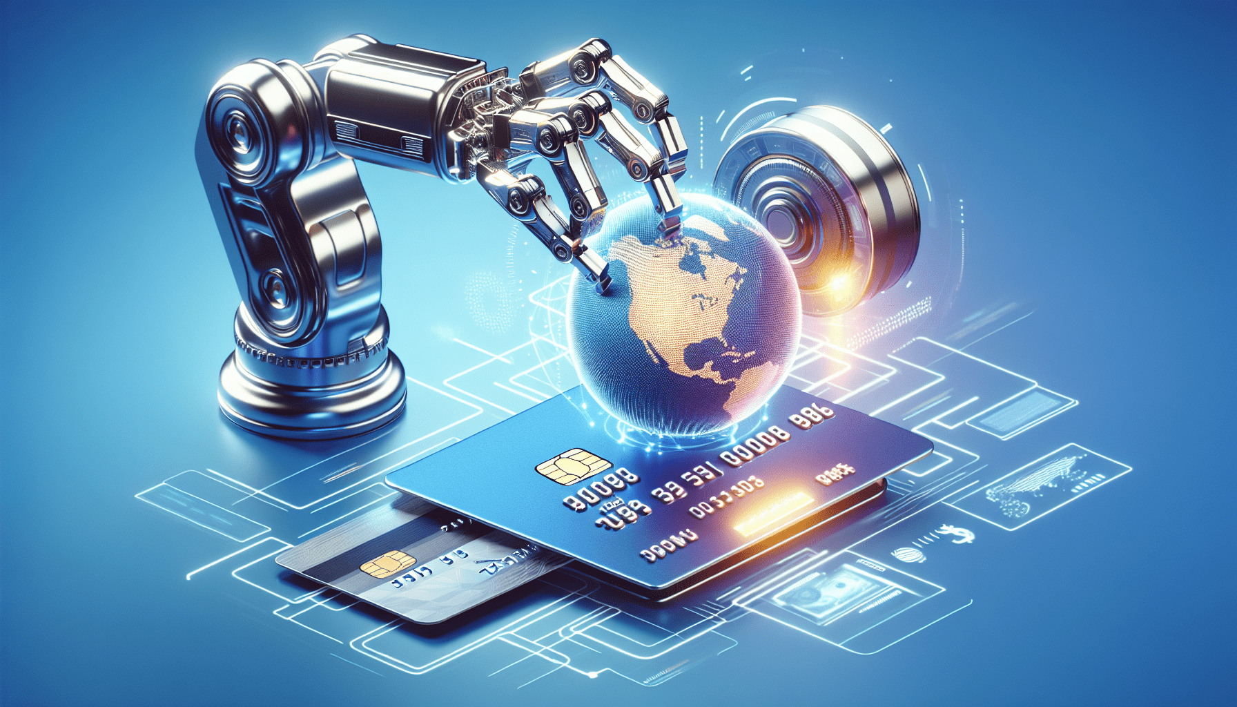 A chrome credit card floating in a digital wallet being organized by a robotic arm.