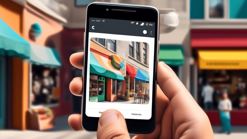 A hand using a smartphone to organize photos of a storefront on a Google Business Profile interface, with a magnifying glass highlighting a photo of a smiling shop owner.