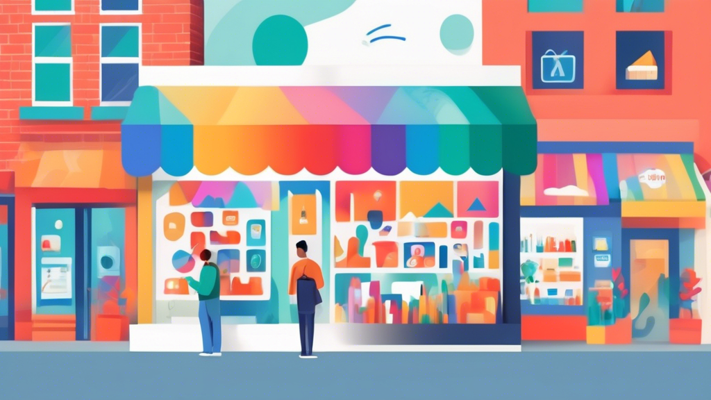 A hand holding a smartphone with the Google Business Profile app open, displaying analytics and tools, superimposed over a bustling small business storefront.