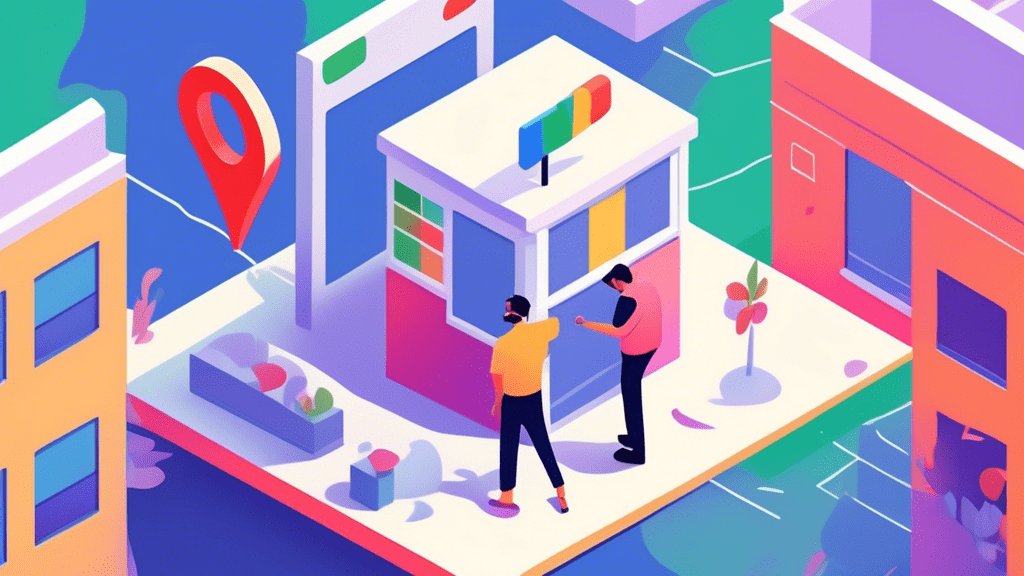 A storefront with a giant Google Maps pin stuck in the roof, with a business owner inside frantically trying to adjust the pin's location.