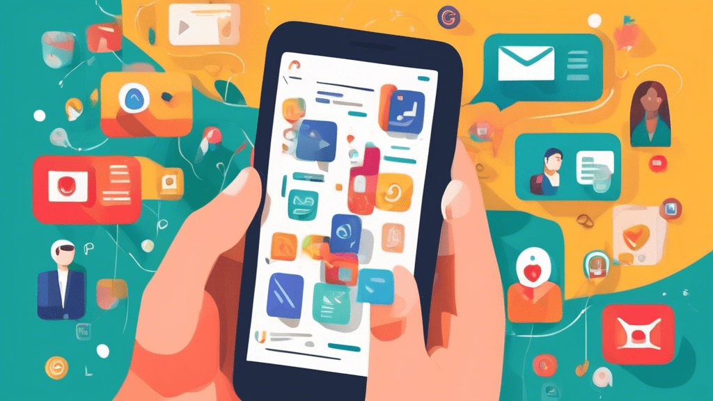 A hand holding a smartphone with a Google Business Profile on the screen, surrounded by floating icons of contact information like a phone, email address, and location pin.