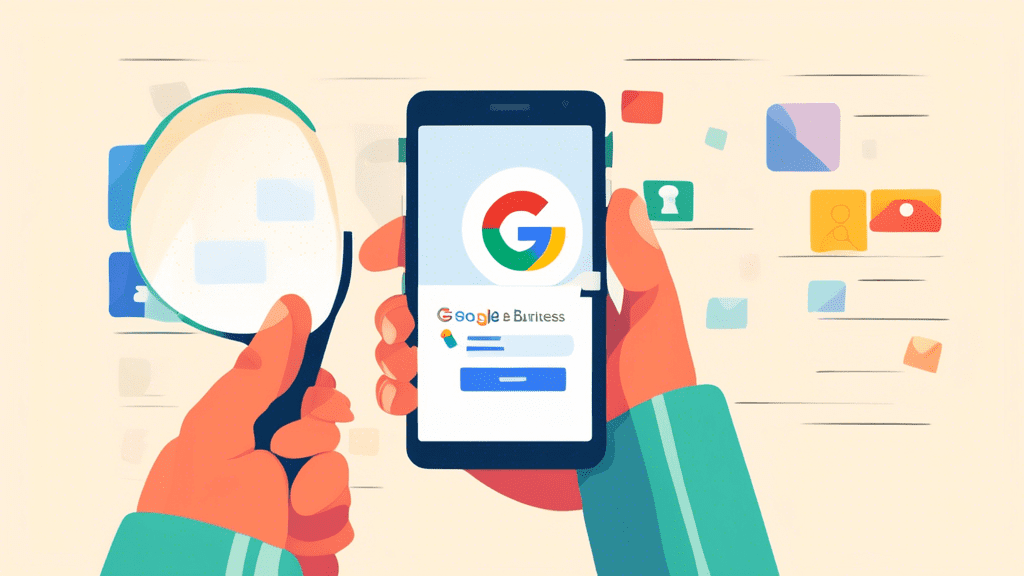A hand holding a smartphone displaying a Google My Business profile with a large magnifying glass focusing on the email address field.