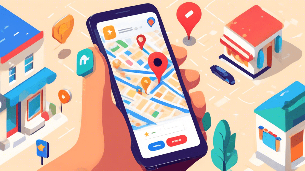 A hand holding a smartphone with a Google Maps interface displaying a storefront with Your Business Name and a 5-star rating, surrounded by floating icons of a location pin, camera, pencil, and a chec