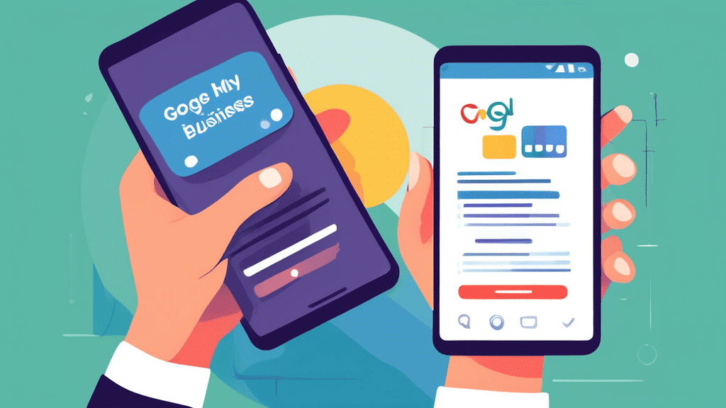 A hand holding a smartphone with a Google My Business page open on the screen, showcasing the phone number editing section with a magnifying glass hovering over it.