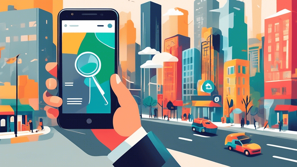 A hand holding a smartphone with the Google My Business app open, displaying a dashboard with analytics and tools for managing a business profile, superimposed over a cityscape with a magnifying glass