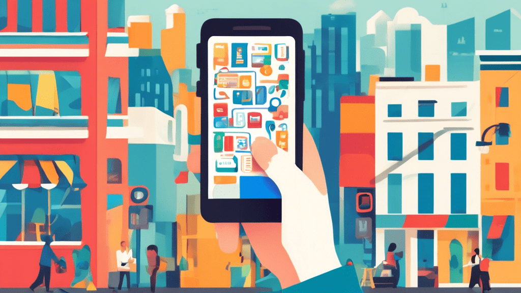 A hand holding a smartphone with the Google My Business app open, showcasing various tools and settings, with a background of a bustling city street representing multiple businesses.