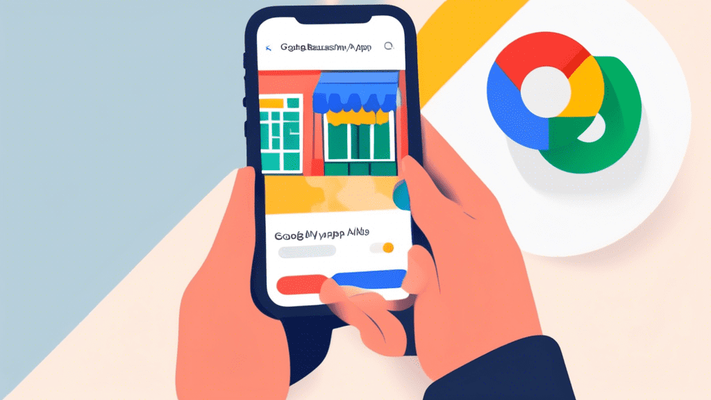 A hand holding an iPhone displaying the Google My Business app with a storefront background.