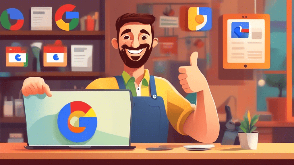 A friendly shop owner smiles and gives a thumbs up in front of a laptop displaying his Google Business profile with a perfect five star rating.