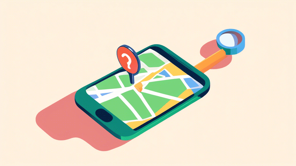 A hand holding a smartphone with a Google Maps pin popping out of the screen and a magnifying glass hovering over the pin.