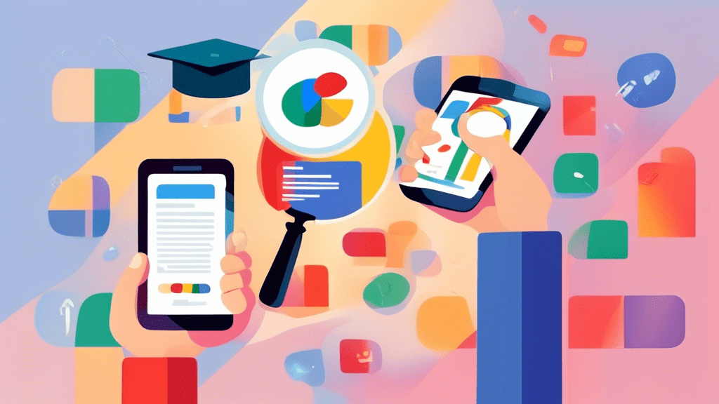 A hand holding a magnifying glass over a smartphone displaying a Google Business profile with a graduation cap on top.