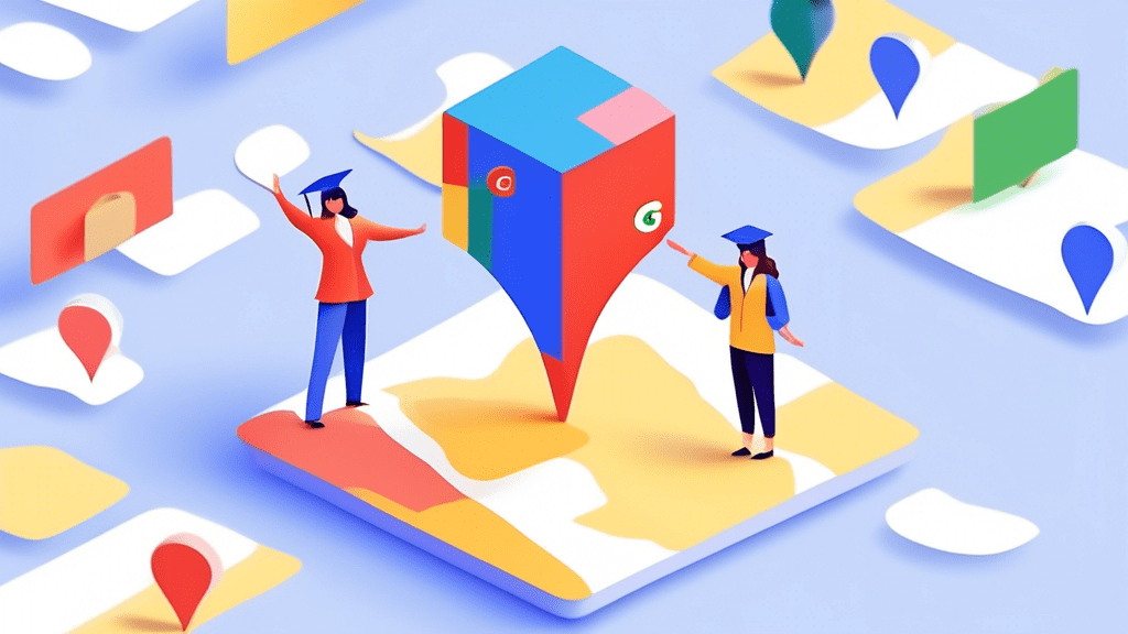 A small business owner joyfully high-fiving a giant Google Maps pin with a graduation cap on top.