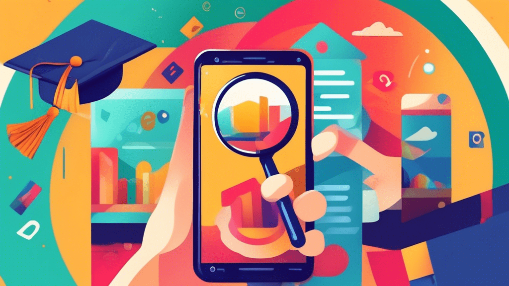 A hand holding a smartphone displaying a vibrant Google Business Profile with a magnifying glass hovering over it and a graduation cap on top.