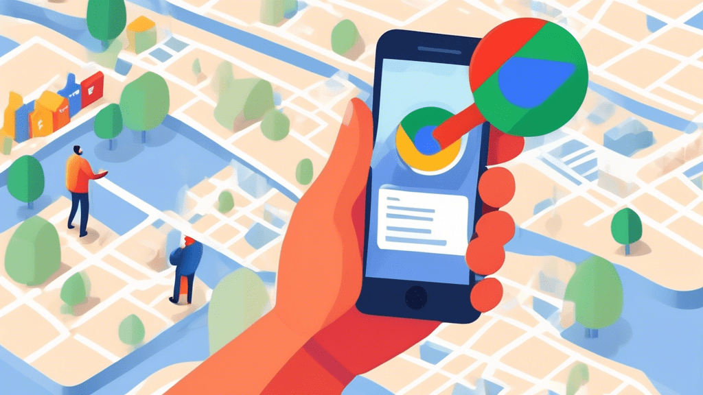 A hand holding a smartphone with a magnifying glass hovering over a Google Maps pin labeled Google Business Profile with a storefront in the background.