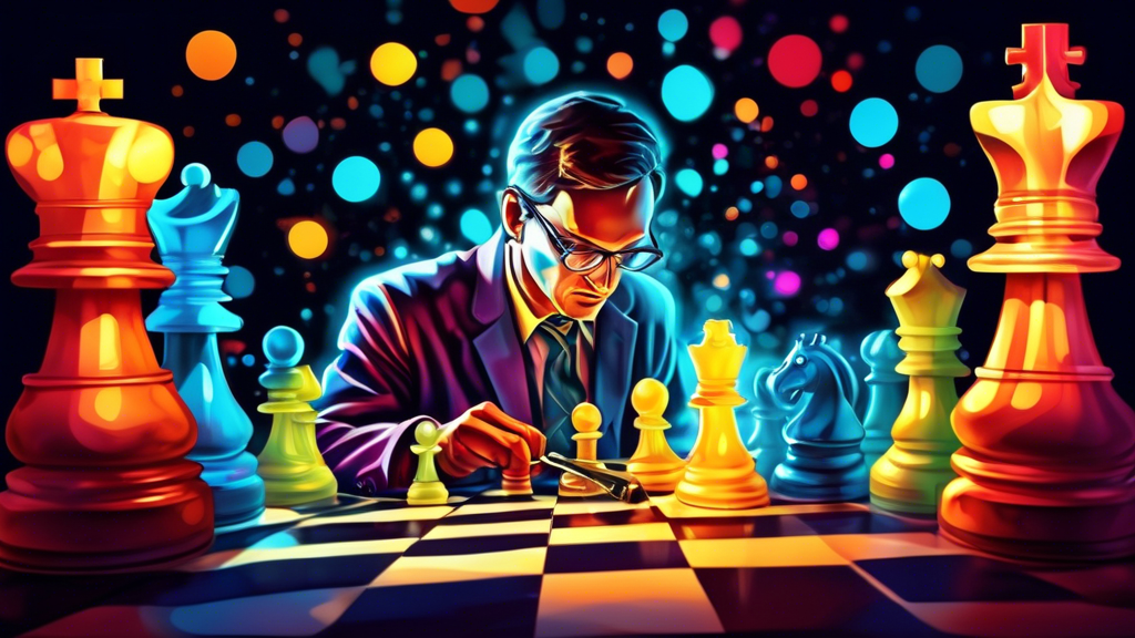 A chess grandmaster using a magnifying glass to analyze a complex chessboard with glowing targets highlighting key pieces.